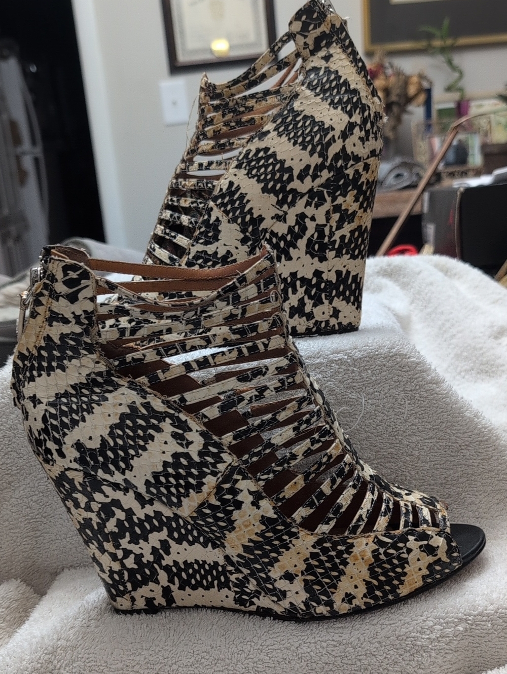 Rebecca Minkoff Black & Cream Snakeskin Wedge Booties
